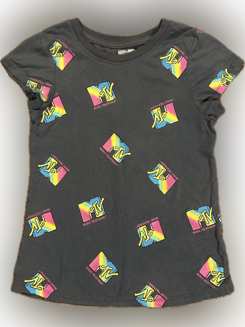 MTV Music Television Girl’s 7-8 All-Over Neon Graphic T-Shirt